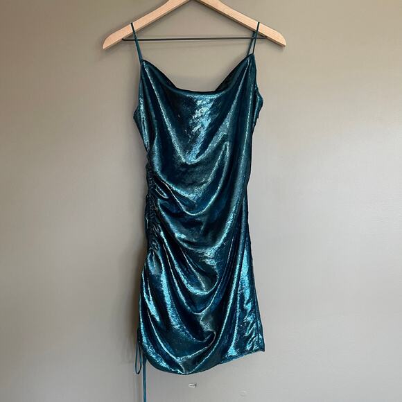 CINQ A SEPT Shiny Astrid Dress Teal Topaz Size 2 Metallic Bodycon Mini Sexy Chic - Picture 5 of 16